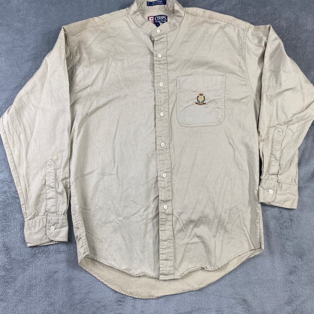 VTG Chaps Ralph Lauren Shirt Men M Tan Long Sleeve Band Collar Embroidered Crest